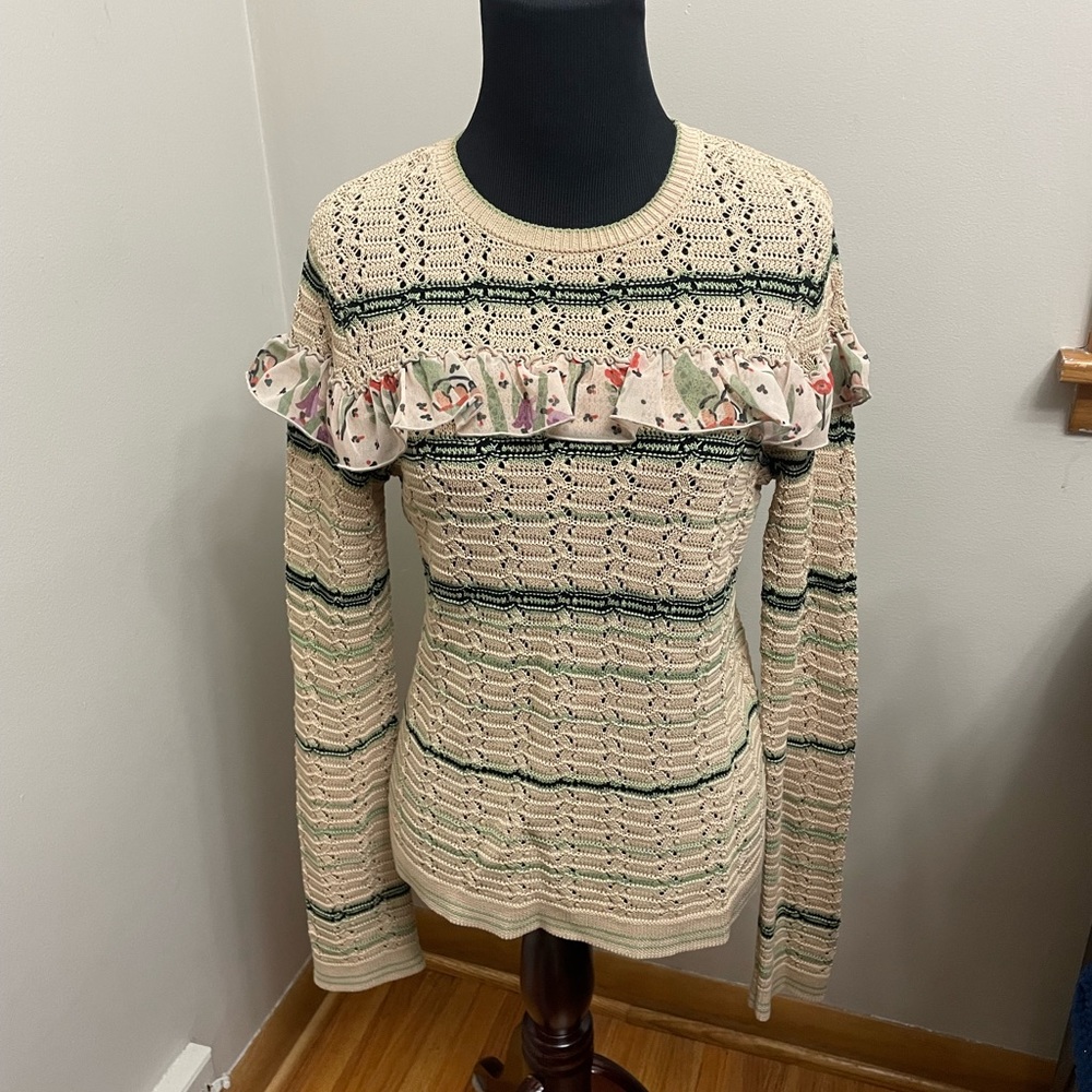 RED VALENTINO
Floral Ruffle Detail Striped Sweater
